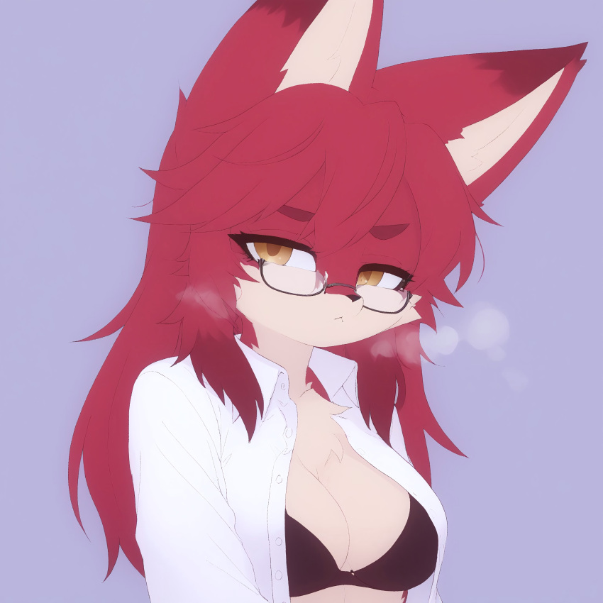 ai_generated animal_ears anthro black_bra bra breasts female fur furry furry_female glasses lellelop oc open_clothes open_shirt red_fur shirt solo