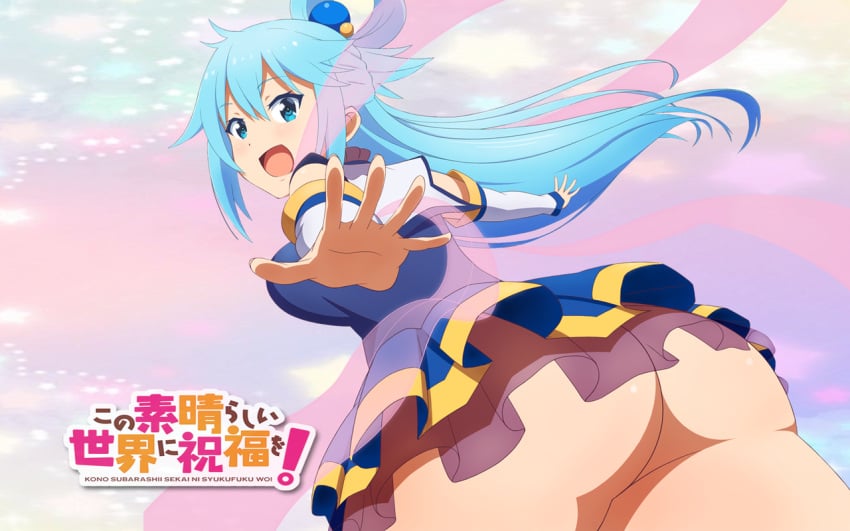 1girls :d aqua_(konosuba) ass ass_focus background bare_ass bare_legs big_ass blue_dress blue_eyes blue_hair blue_skirt bottomless bubble_butt butt_crack buttocks detached_sleeves dress female female_only foreshortening goddess huge_ass kono_subarashii_sekai_ni_shukufuku_wo! large_ass legs long_hair looking_at_viewer looking_back miniskirt no_panties official_art open_mouth ponytail round_ass sideboob single_hair_ring skirt smile solo wallpaper young young_female