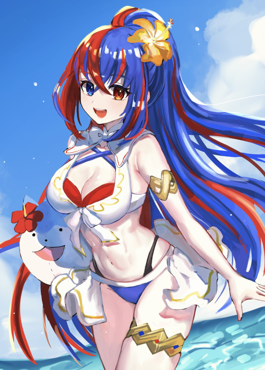 1girls alear_(female)_(fire_emblem) alear_(female)_(seaside_dragon)_(fire_emblem) alear_(fire_emblem) alternate_costume bikini blue_bikini blue_eyes blue_hair blue_swimsuit breasts cleavage crossed_bangs female female female_only fire_emblem fire_emblem_engage fire_emblem_heroes heterochromia highres jewelry large_breasts leon0630claude long_hair multicolored_clothes multicolored_hair multicolored_swimsuit navel nintendo official_alternate_costume official_alternate_hairstyle ponytail red_bikini red_eyes red_hair red_swimsuit solo sommie_(fire_emblem) split-color_hair standing swimsuit two-tone_hair very_long_hair white_bikini white_swimsuit