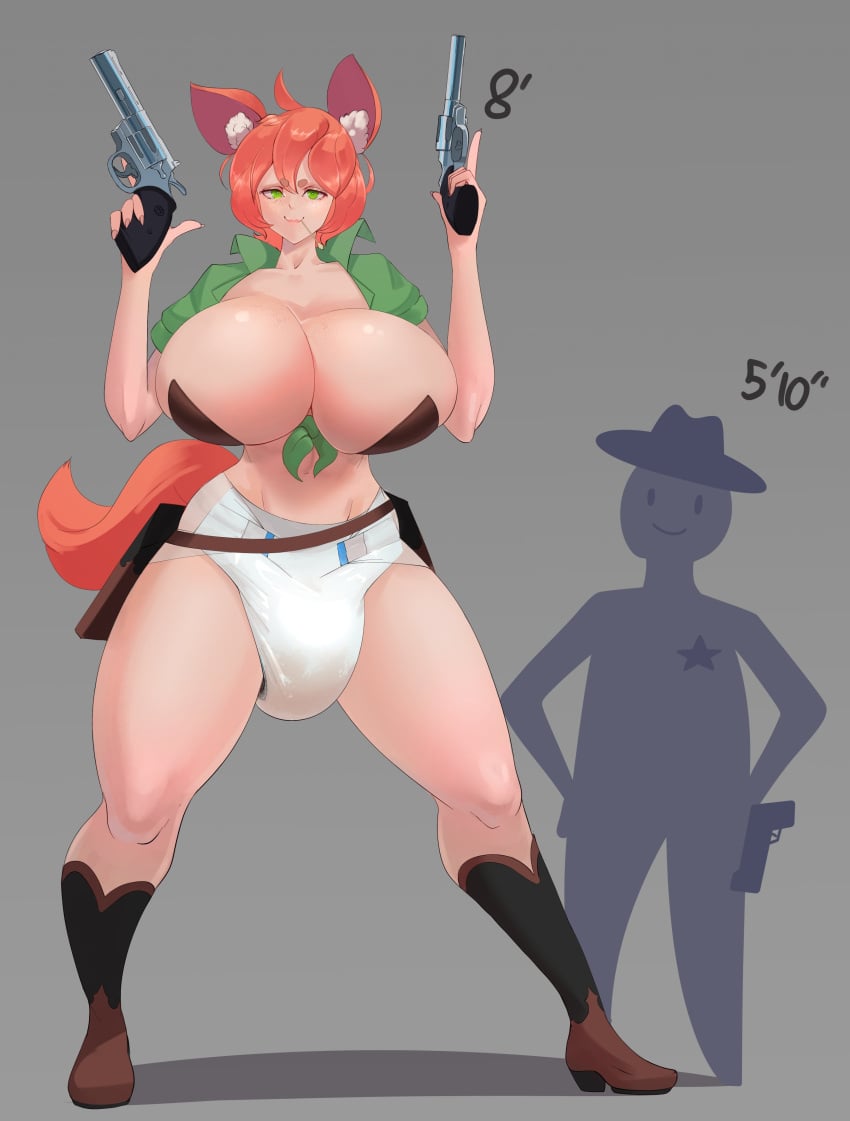 1boy akimbo boots bottomless breasts breasts_bigger_than_head cleavage cowboy cowboy_boots cowboy_hat crop_top daisy_(milkriot) diaper dog_ears dog_girl dog_tail female green_eyes gun guns height_difference huge_breasts large_breasts larger_female messy_diaper milkriot mini_giantess no_pants red_hair revolver silhouette size_difference smiling taller_female taller_girl tied_shirt wet_diaper