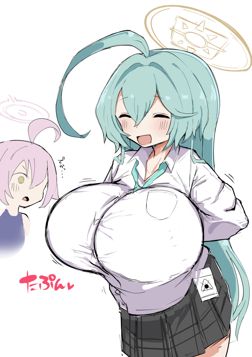 2024 2girls ahoge big_breasts blue_archive blue_hair blush breast_focus breasts closed_eyes duo female female_focus female_only gerumaga gigantic_breasts halo huge_breasts japanese_text large_breasts looking_at_another looking_at_breasts necktie pale-skinned_female pale_skin school_uniform text top_heavy white_background yume_(blue_archive) ziraikaitosann