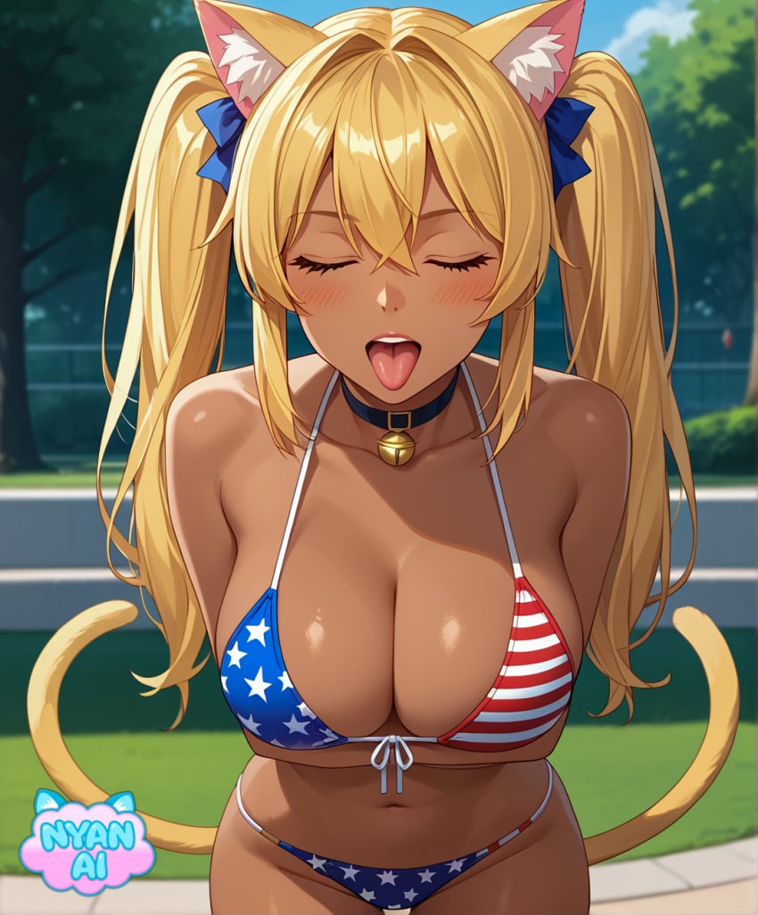 2d 4th_of_july ai_assisted ai_generated ai_girl american_flag_bikini american_flag_bikini_bottom american_flag_bikini_top athletic bell bell_collar belly_button big_breasts bikini bikini_bottom bikini_top black_bikini black_bikini_top blonde_female blonde_hair blonde_hair_female blue_eyes bra breasts cat_bell cat_girl catgirl cleavage closed_eyes collar cosplay curvy_female dark dark_body dark_skin eyes female female_focus fit_female front_view giant_breasts girl humanoid large_breasts leaning_forward massive_breasts mature_female mature_woman micro_bikini micro_bikini_bottom micro_bikini_top midriff mouth_opened neko nekomimi nyan_ai nyanai open_mouth outfit outside park park_background pose ribbons ribbons_in_hair sfw shiny_skin standing standing_female standing_position stomach sunlight tan-skinned_female tan_body tan_skin tanned-skinned_female tanned_body thick_thighs tongue tongue_out twintails twintails_(hairstyle)