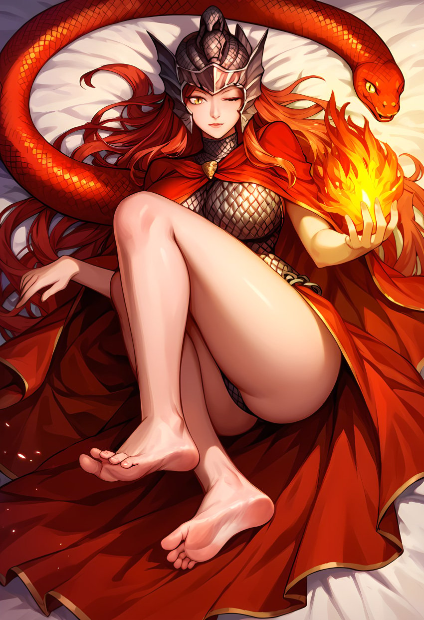 ai_generated armored_female armpits ashfang ass bandai_namco blush breasts elden_ring feet feet_up flame fromsoftware full_body genderswap goddess helmet large_breasts light-skinned_female light_skin lipstick long_hair messmer_the_impaler nipples on_bed one_eye_closed red_hair royal royalty rule_63 smooth_skin snake solo solo_female solo_focus thighs underwear veil very_long_hair yellow_eyes