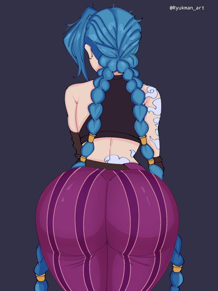 1girls arcane arcane_jinx ass ass_focus back back_view big_ass blue_hair bottomwear braid braided_hair bubble_ass bubble_butt clothing dat_ass female female_only hair huge_ass jinx_(league_of_legends) large_ass league_of_legends pants purple_pants ryukman solo solo_female tattoo tattoo_on_back tattooed_arm tattoos topwear