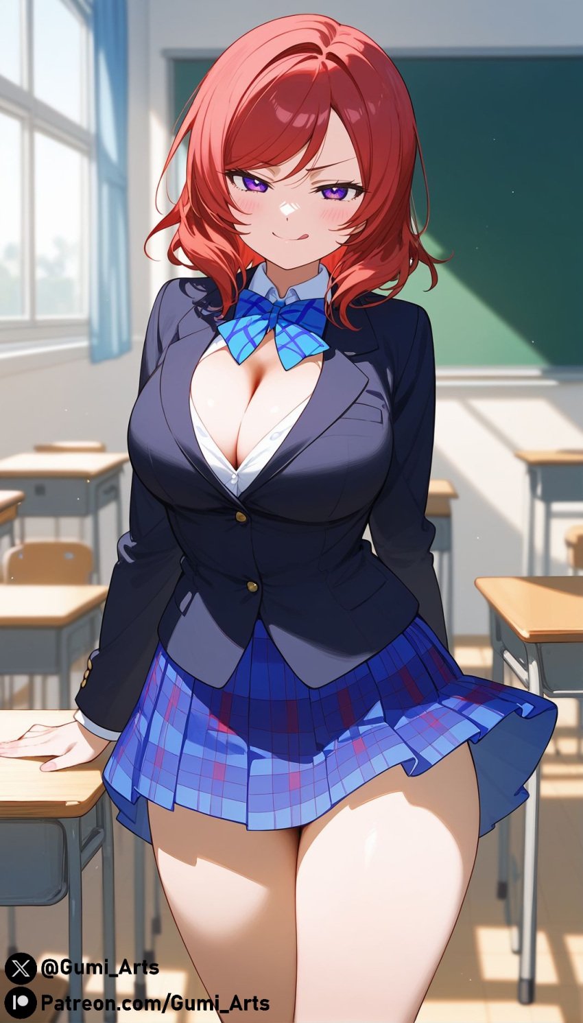 ai_generated classroom cleavage gumi_arts huge_breasts indoors love_live! love_live!_school_idol_project naughty_face nishikino_maki purple_eyes red_hair school_uniform skirt stable_diffusion thick_thighs