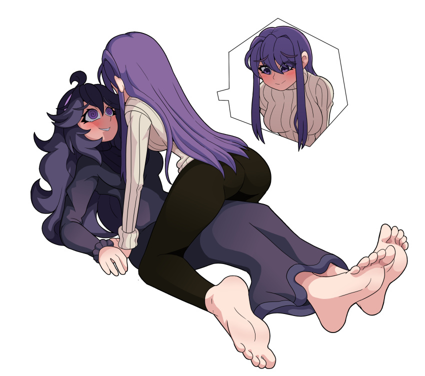 2girls 5_toes blush butt commission crazy_eyes crossover doki_doki_literature_club feet female/female hex_maniac long_hair multiple_girls nintendo pokemon purple_eyes purple_hair tadashibaka yuri yuri_(doki_doki_literature_club)