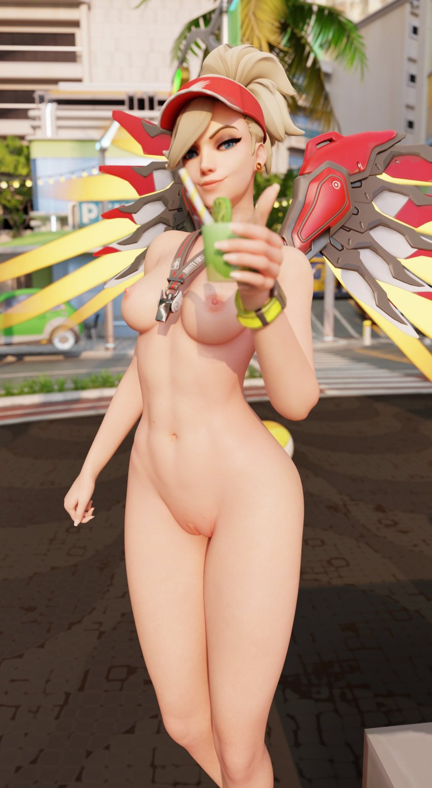 breasts casual exhibitionism female headwear human lapis_lazuli002 lifeguard lifeguard_mercy mercy neckwear nude nudist overwatch overwatch_2 pale_skin public public_nudity pussy wristwear