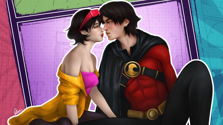 1boy 1girls aeryn building buildings city clothed crossover dc dc_comics female jubilee male night red_robin tim_drake vampire x-men