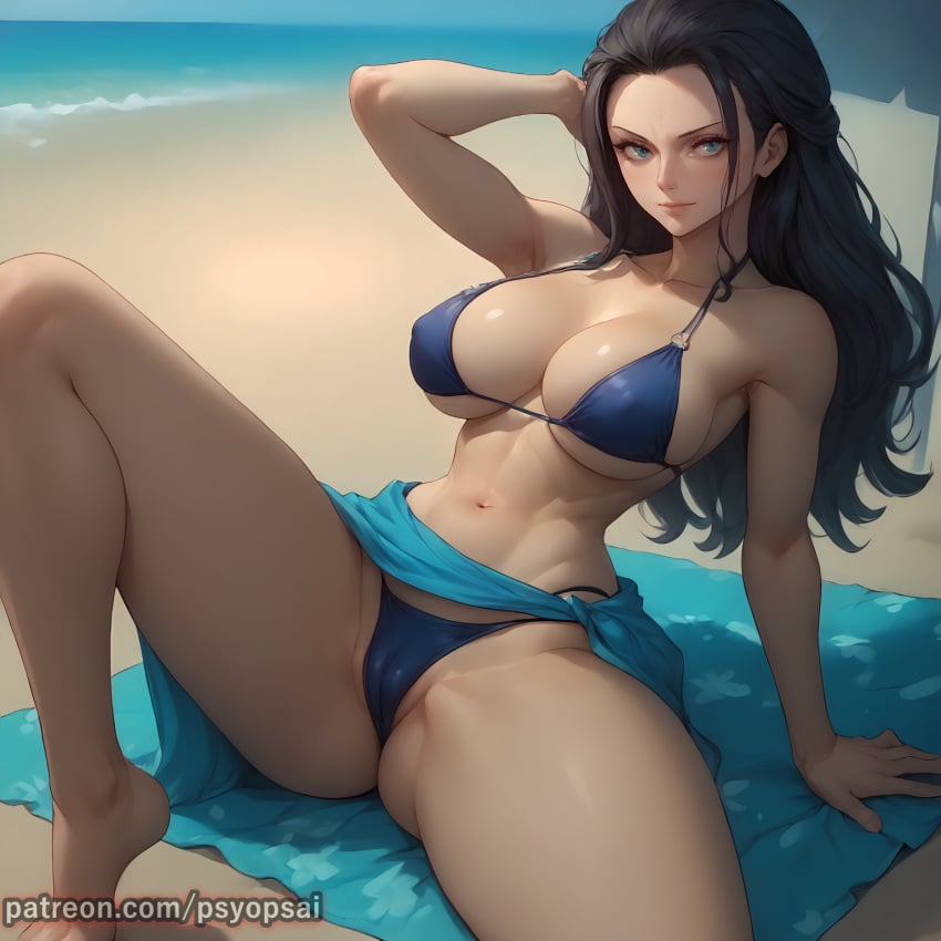 1girls ai_generated artist_name artist_psyopsai beach bikini breasts brunette cameltoe close-up clothed clothing colored curvy digital_media_(artwork) erect_nipples female female_focus female_only fit_female front_view legs_apart long_hair nico_robin one_piece outside post-timeskip red_hair side_view sideboob solo solo_focus spread_legs spreading thighs watermark