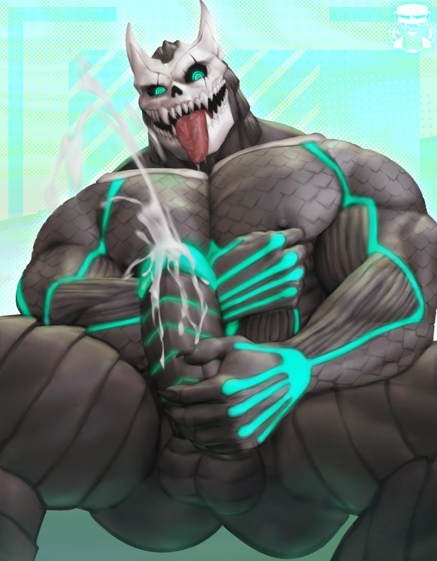 abs balls bara biceps big_balls big_penis bozi cum erection genital_fluids hybrid kafka_hibino kaiju kaiju_no.8 male male_only masturbation monster monster_boy muscular_male nude orgasm pecs penis