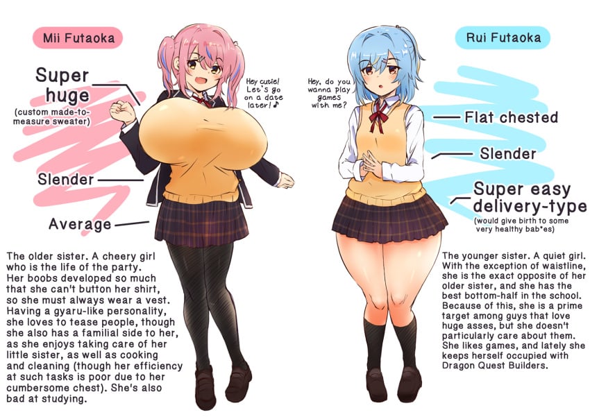 2girls :d :o ass_vs_breasts biography black_hair black_jacket bottom_heavy breasts_bigger_than_head character_name character_sheet child_bearing_hips collared_shirt dialogue english_text flat_chest gyaru huge_ass huge_breasts jacket leggings long_sleeves long_socks mii_futaoka necktie open_mouth open_smile original original_characters pink_hair plaid_skirt ponytail rui_futaoka short_hair shy sisters slender_body small_breasts sweater_vest teruwo_sun thick_thighs top_heavy twintails yellow_eyes yellow_sweater_vest