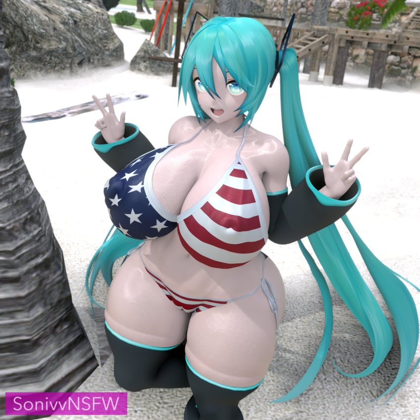 1girls 3d 3d_model 4th_of_july american_flag_bikini beach bikini blue_eyes blue_hair hatsune_miku huge_ass huge_breasts solo sonivvnsfw standing thick_thighs thighhighs twintails vocaloid