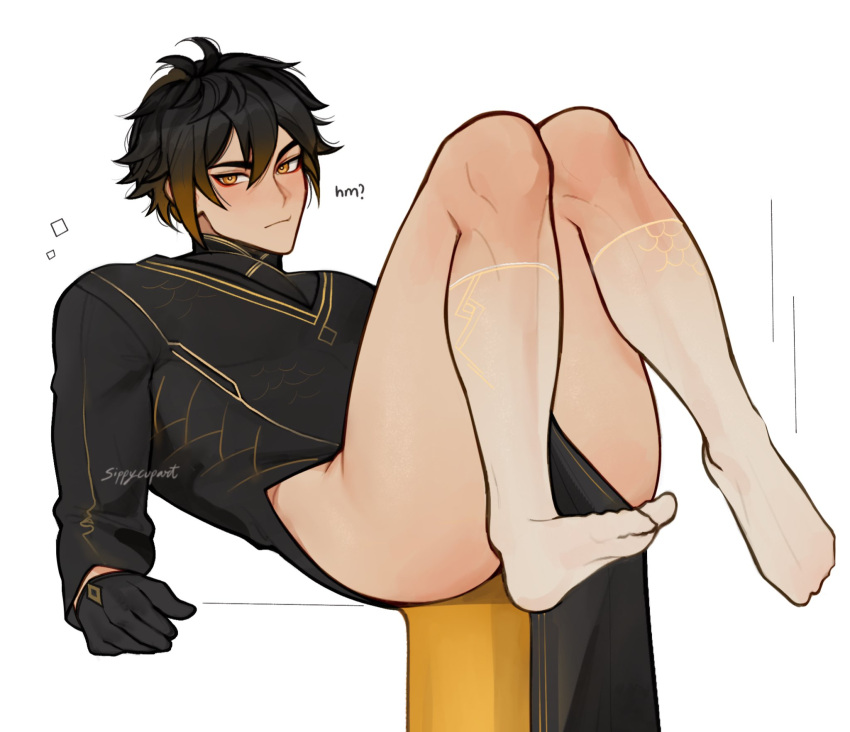 1boy crossdressing dark_hair gay genshin_impact kneehighs male_focus manly_crossdresser sippycupart tagme two_tone_hair yaoi yellow_eyes zhongli_(genshin_impact)