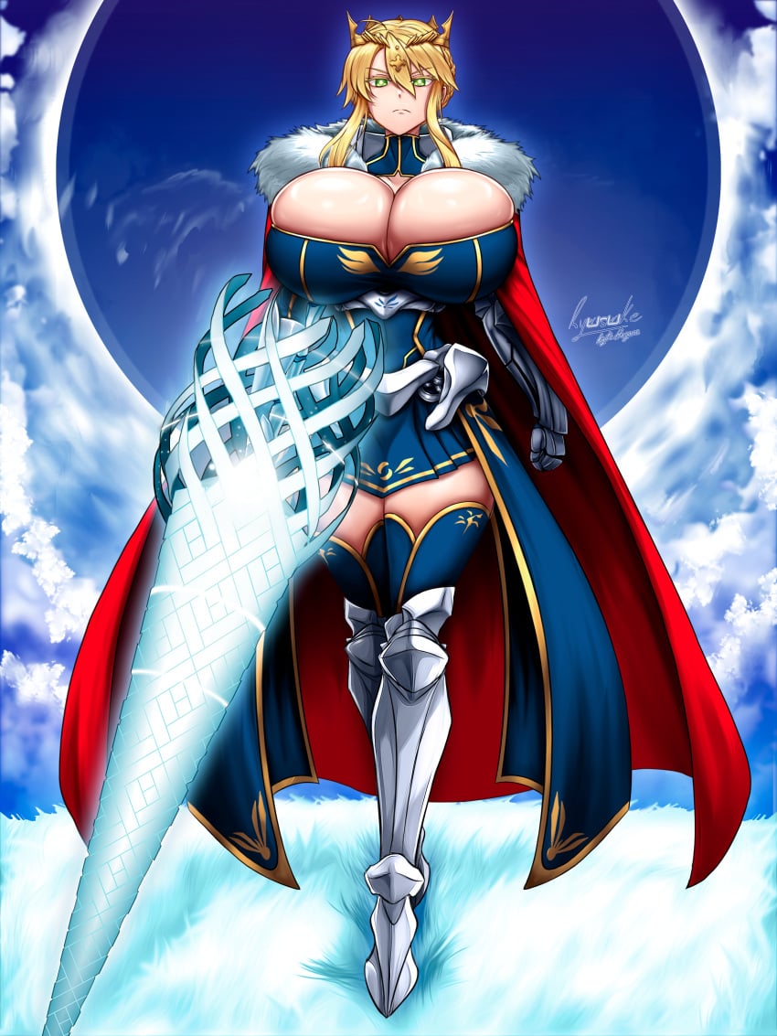 1girls armor artoria_pendragon_(lancer) big_breasts blonde_female blonde_hair bursting_breasts busty cleavage curvy fate/grand_order huge_breasts neutral_expression ryusuke_kh_(ryusuke_kyte_hagane) serious serious_look weapon