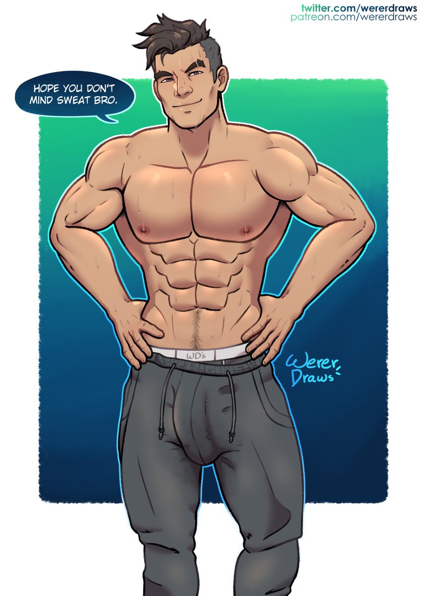 1boy abs black_hair bulge cocky craig_cahn dialogue dream_daddy:_a_dad_dating_simulator eyebrow_slits hands_on_hip looking_at_viewer male male_only muscular muscular_arms muscular_chest nipples pecs smirk smirking_at_viewer smooth_skin solo solo_male standing sweat sweatpants talking_to_viewer text topless treasure_trail undercut underwear wererdraws