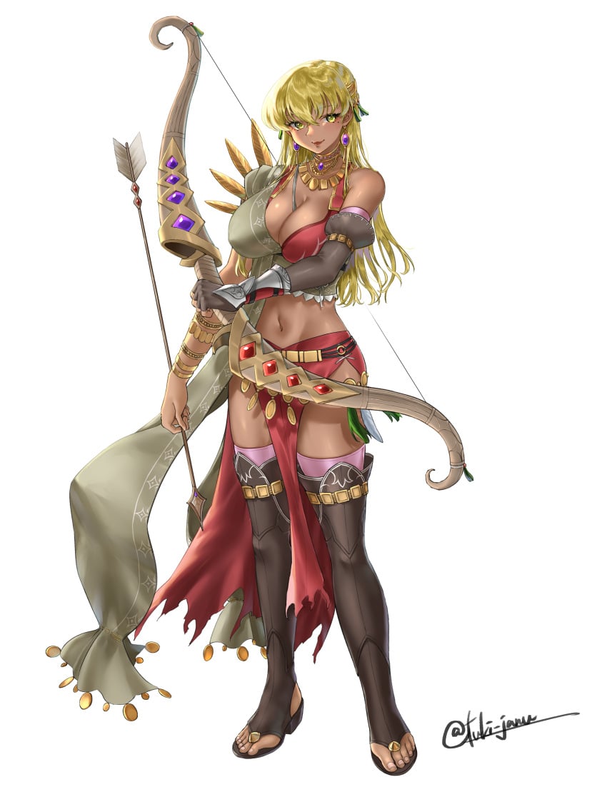 1girls absurdres alternate_costume blonde_hair bow_(weapon) breasts cleavage covered_nipples dark-skinned_female dark_skin female female_only fire_emblem fire_emblem:_the_binding_blade gold highres igrene_(fire_emblem) igrene_(sworn_protector)_(fire_emblem) jewelry large_breasts mole mole_under_eye nintendo smile tassel thighhighs tsukimura_(d24f4z8j3t) weapon white_background yellow_eyes