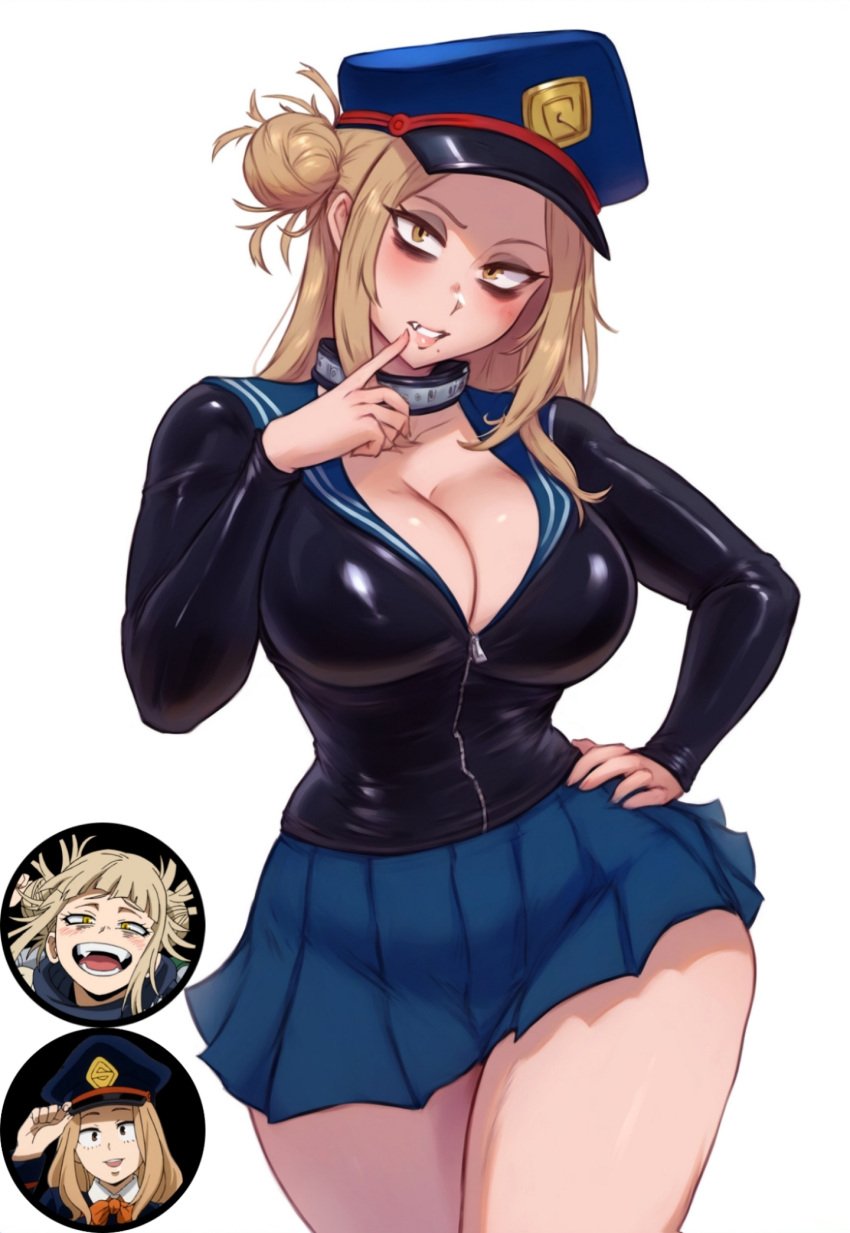 ai_generated big_breasts blonde_hair bodysuit camie_utsushimi confused curvy_figure dirty_blonde_hair fangs finger_to_mouth fusion fusion_character hair_bun himiko_toga huge_breasts krystalizedart long_fingernails long_hair medium_hair messy_hair my_hero_academia narrow_waist oerba_yun_fang sailor_collar side_bun skirt slit_pupils solo solo_female solo_focus thick_lips thick_thighs toga_himiko unzipped unzipped_bodysuit white_background wide_hips yellow_eyes