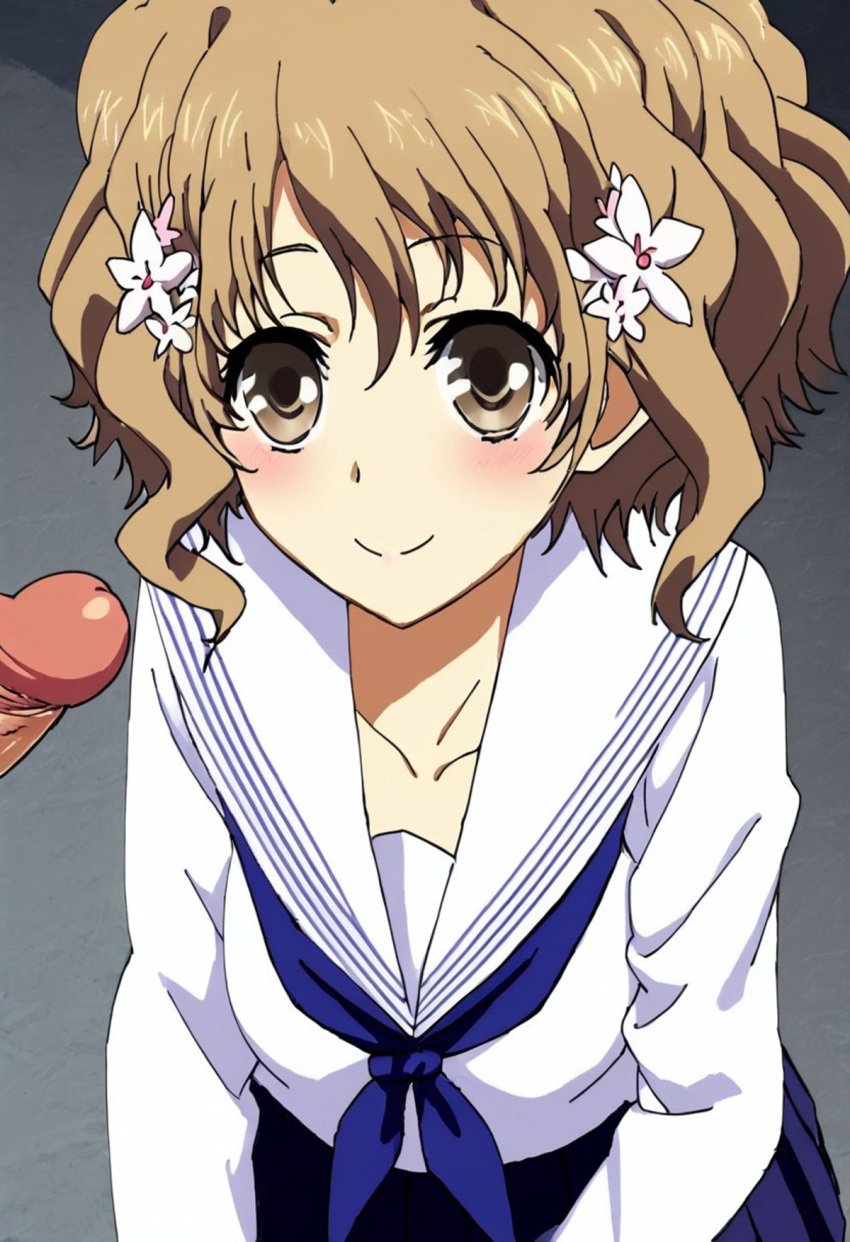 1boy 1girls 2024 ai_generated blush blushing brown_eyes brown_hair civitai digital_media female flower_in_hair hair_accessory hair_ornament hanasaku_iroha light_brown_hair male male_out_of_frame matsumae_ohana on_knees penis school_uniform schoolgirl serafuku short_hair skirt smile smiling solo_focus straight tagme theblueiris uncensored white_clothing white_skin