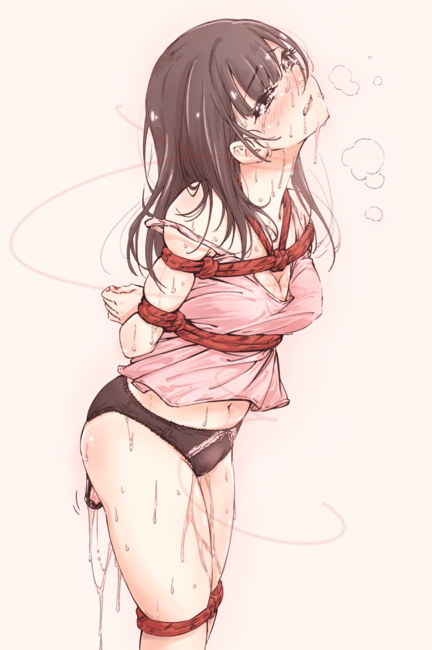 arms_behind_back blush bondage breasts brown_hair brown_panties cleavage commentary_request female hair_between_eyes highres long_hair looking_up original panties red_rope restrained rope solo stomach sweat thighs uasgi_nousagi3 underwear