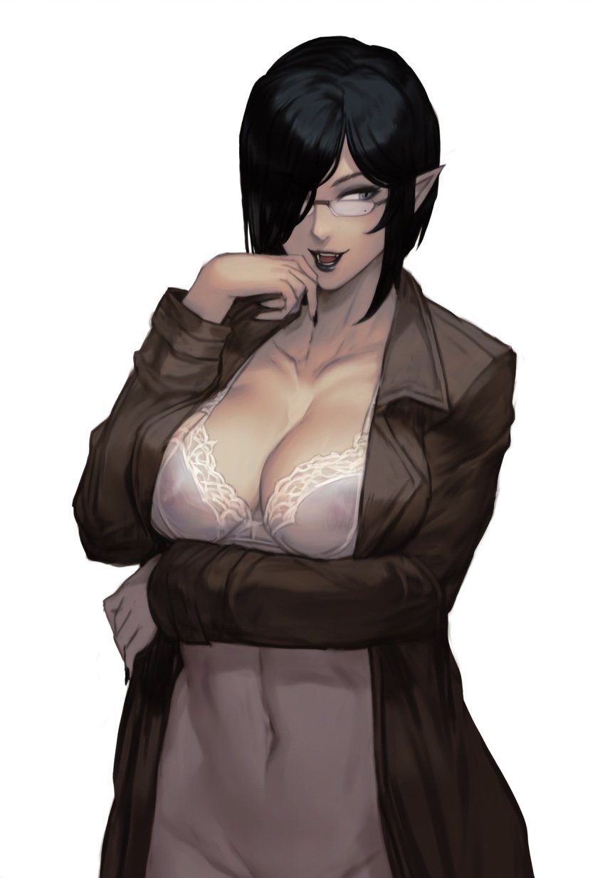 1girls black_hair black_nails blue_shirt bra cleavage curvy curvy_female curvy_figure fangs glasses moniker_smith's_bloodlines pale-skinned_female pale_skin panting red_eyes skinny slit_pupils solo solo_female solo_focus tight_pants tight_shirt transformation trenchcoat vampire vampire_girl white_background zelda_(moniker_smith's_bloodlines)