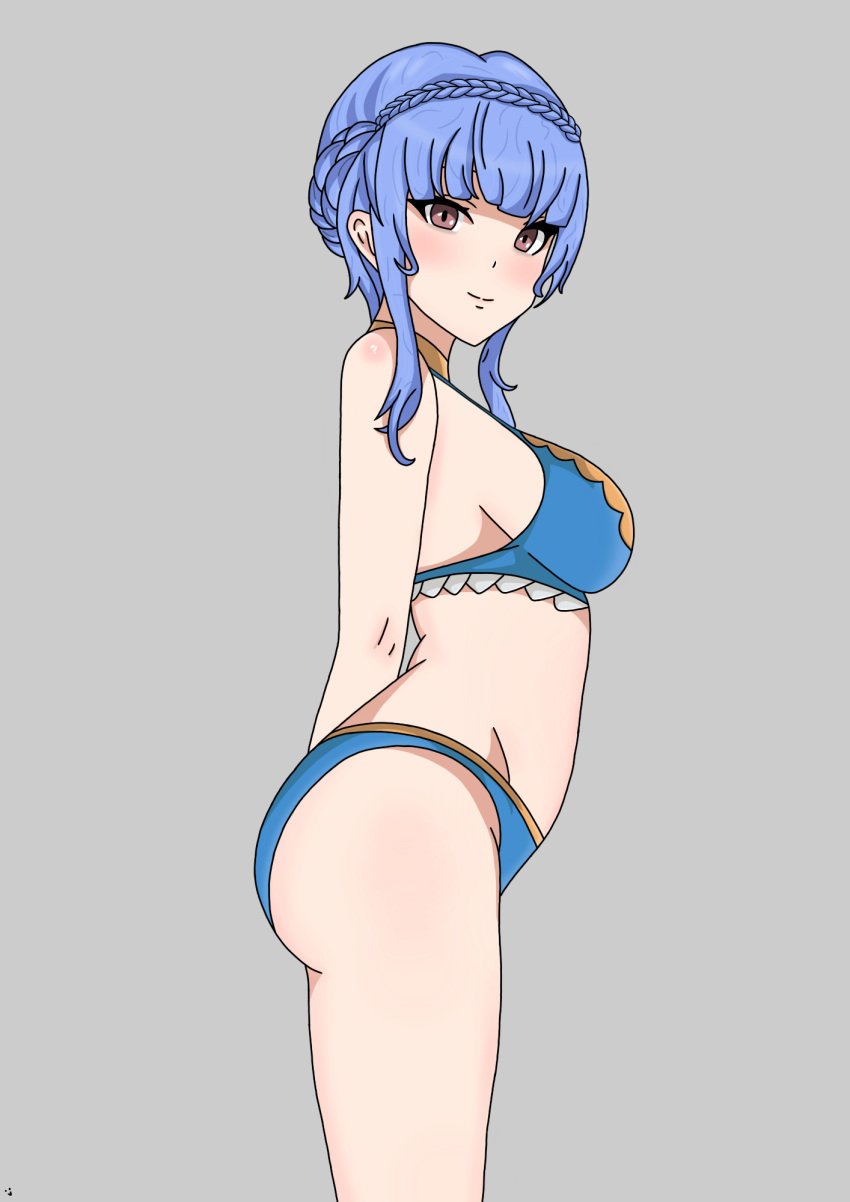 1girls alternate_costume ass bare_arms bare_midriff bare_thighs big_ass bikini blue_bikini blue_hair blue_swimsuit blush braid breasts brown_eyes female female_only fire_emblem fire_emblem:_three_houses fire_emblem_heroes grey_background li9mo light_blue_hair looking_at_viewer marianne_von_edmund marianne_von_edmund_(summer) medium_breasts midriff nintendo official_alternate_costume short_hair sidelocks smile solo swimsuit thighs