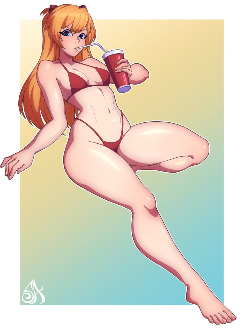 1girls asuka_langley_sohryu bent_legs bikini cup drinking female female_only long_hair looking_at_viewer neon_genesis_evangelion orange_hair red_bikini small_breasts solo souladdicted straw swimsuit thick_thighs very_high_resolution