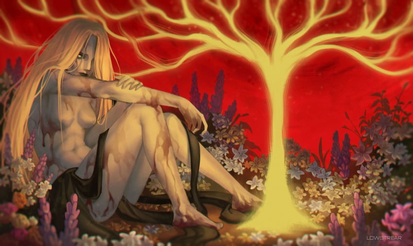 1girls blonde_hair blood breasts breasts_out canonical_scene crying crying_with_eyes_open elden_ring female female_only fromsoftware looking_at_viewer lowstrear minor_erdtree no_nipples numen_(elden_ring) queen_marika_the_eternal shadow_of_the_erdtree shaman_(elden_ring) shaman_village topless topless_female