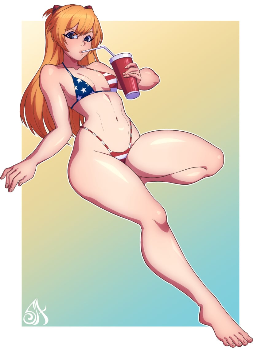 1girls 4th_of_july american_flag_bikini asuka_langley_sohryu bent_legs bikini cup drinking female female_only long_hair looking_at_viewer neon_genesis_evangelion orange_hair small_breasts solo souladdicted straw swimsuit thick_thighs very_high_resolution