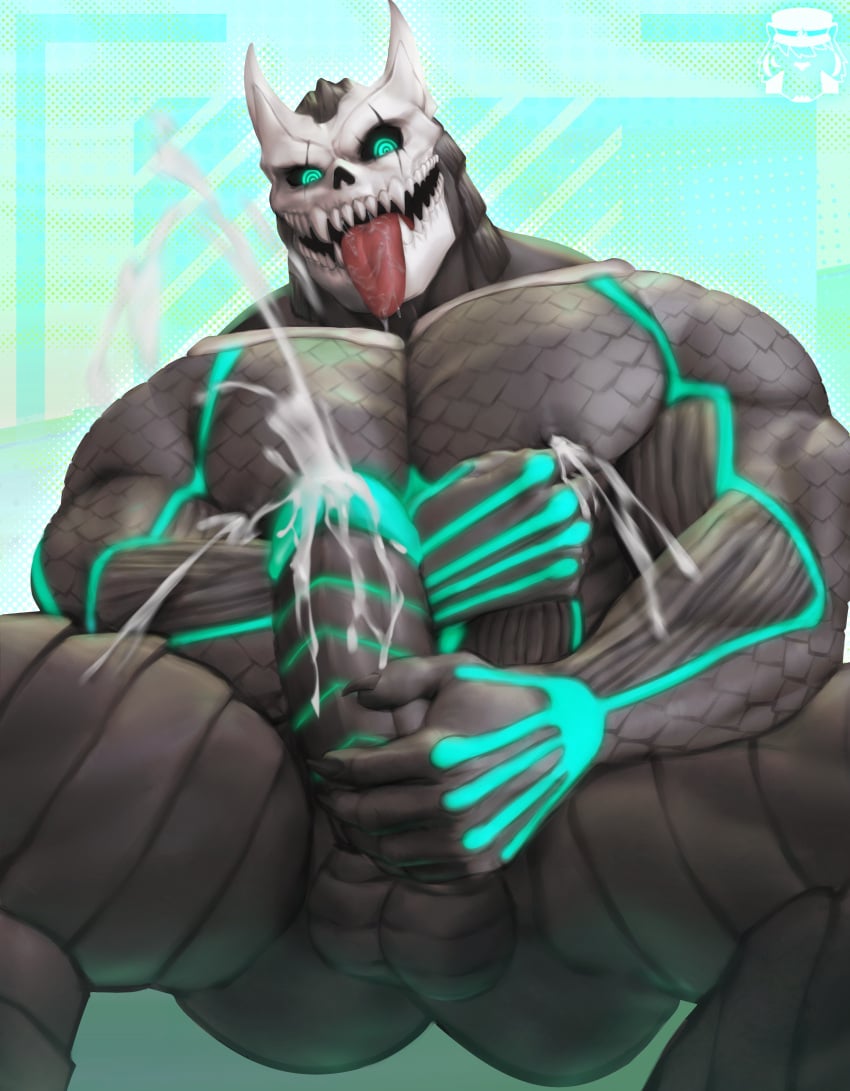 abs balls bara biceps big_balls big_penis bozi cum erection genital_fluids kafka_hibino kaiju kaiju_no.8 kaiju_no.8_(kafka) male male_only masturbation milk monster monster_boy muscular_male nude orgasm pecs penis