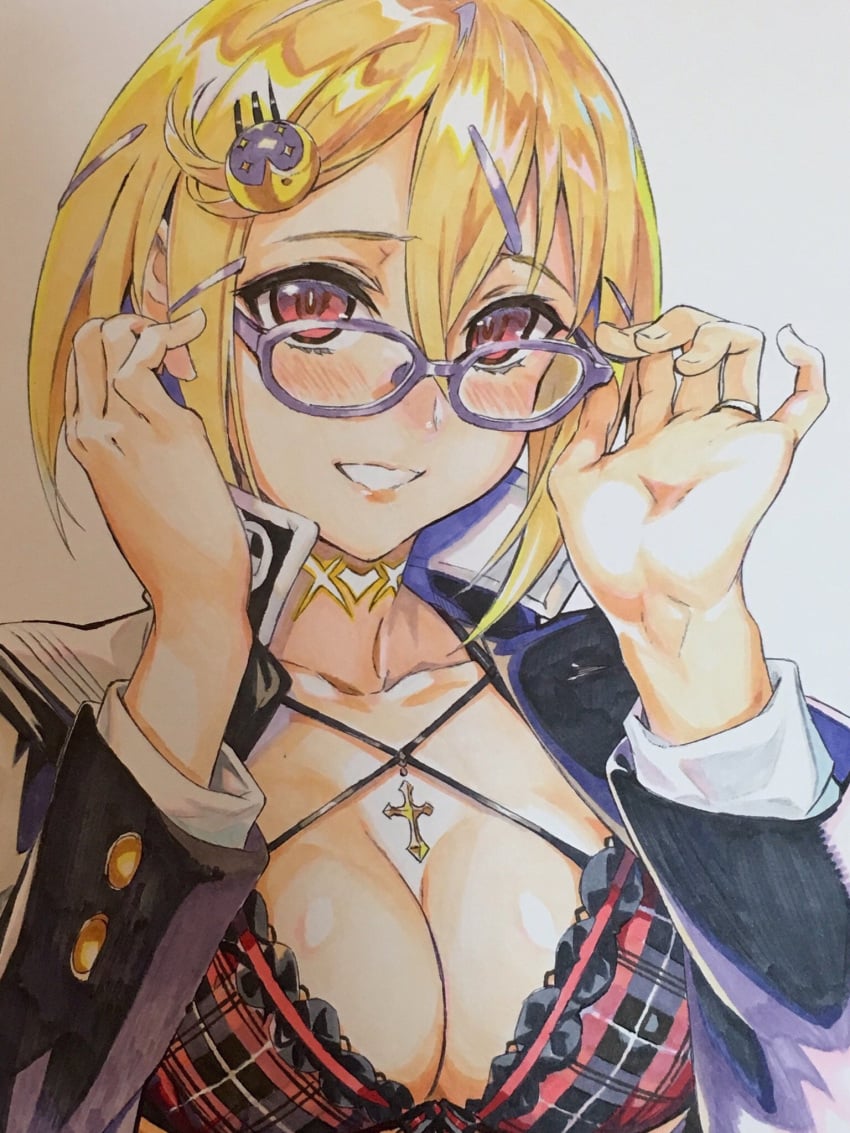 blonde_hair blush bra breasts choker cleavage copyright_request curse_mark female glasses heart heart_tattoo highres holding holding_removed_eyewear looking_at_viewer medium_breasts ookuma_nekosuke plaid_bra plaid_clothes red_eyes shinmai_maou_no_testament short_hair smile solo tachibana_nanao tattoo traditional_media underwear unworn_eyewear