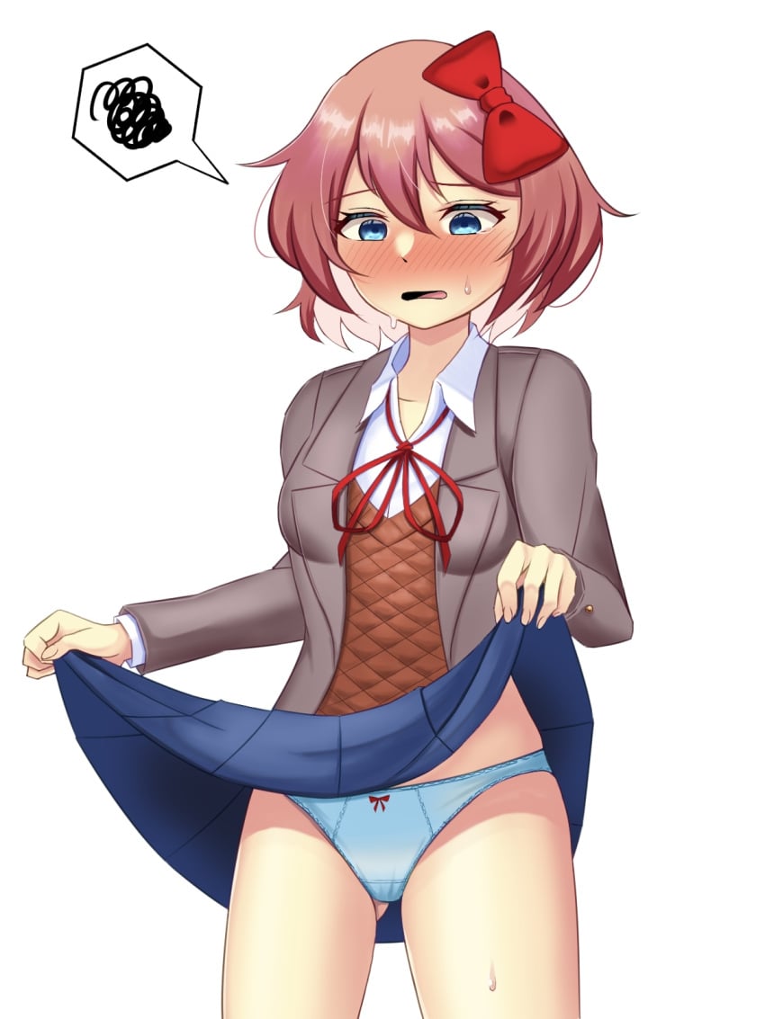 1female 1girls 5_fingers ass_visible_through_thighs blue_eyes blue_panties blue_skirt blush blush_lines blushing bow bow_panties breasts clothed clothes clothing doki_doki_literature_club hair_bow hairbow lifting_own_clothes lifting_skirt mhmundead miham_moni oham_yuri panties red_bow red_hair_bow red_hairbow sayori_(doki_doki_literature_club) skirt skirt_lift skirt_lifted_by_self strawberry_blonde_hair thighs