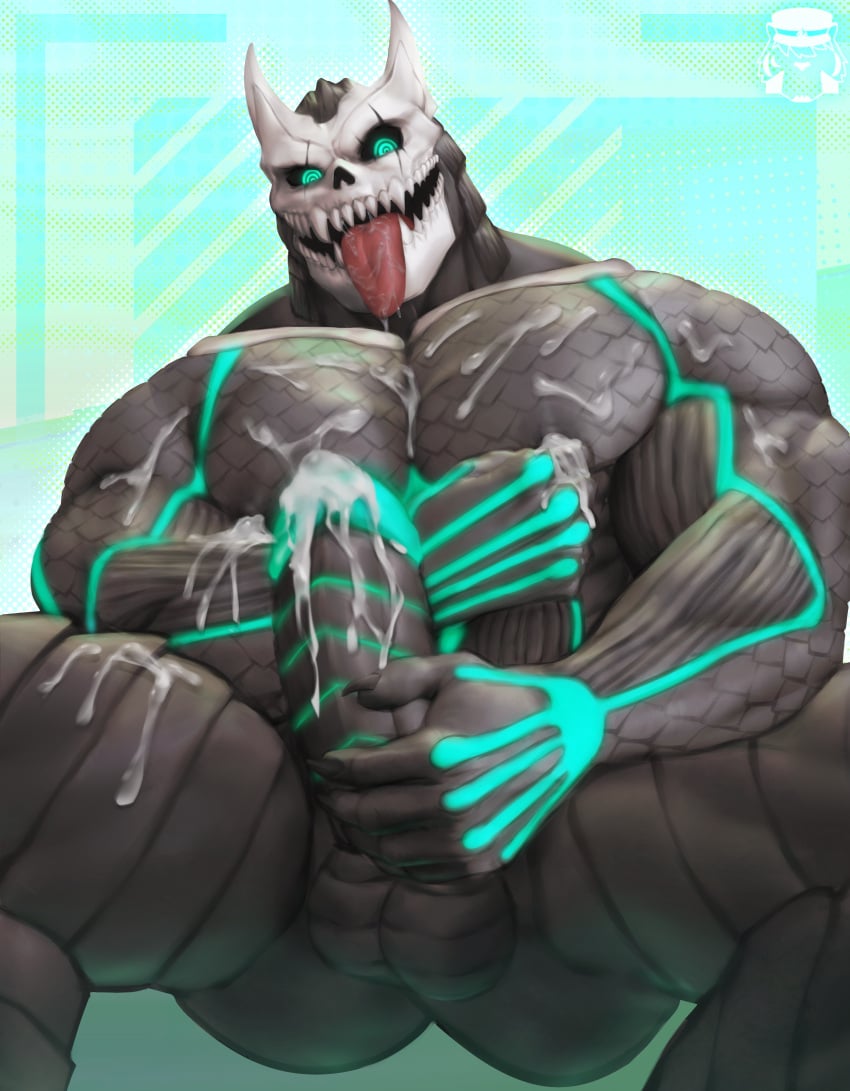 abs balls bara biceps big_balls big_penis bozi cum erection genital_fluids kafka_hibino kaiju kaiju_no.8 kaiju_no.8_(kafka) male male_only masturbation milk monster monster_boy muscular_male nude pecs penis