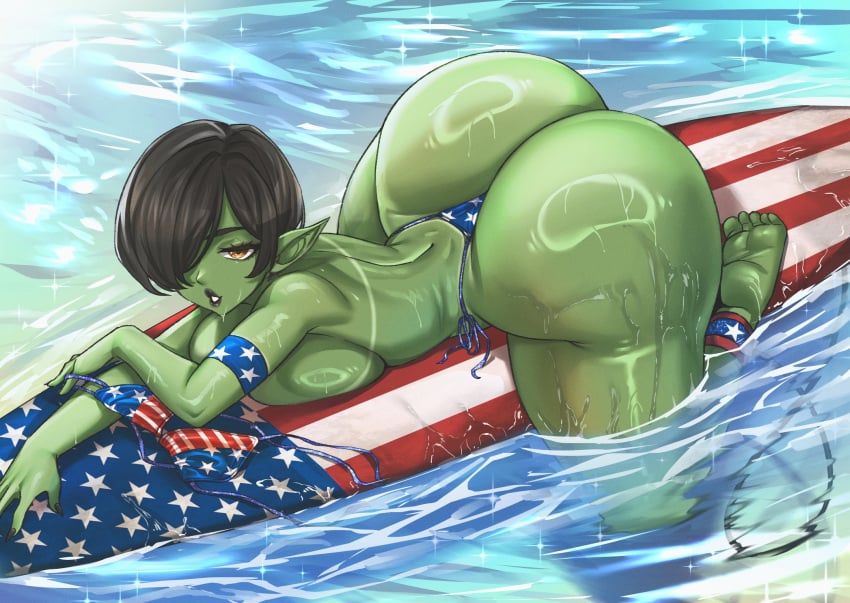 2024 4th_of_july ass_bigger_than_head ass_focus back_view big_ass big_breasts black_hair black_lipstick bob_cut brunette bubble_ass bubble_butt cricket_(bubbly_valkyrie) dat_ass dimples_of_venus goblin goblin_female green_skin lipstick looking_at_viewer original original_character ryuukusnpaiarts shiny_skin short_hair tagme thick_ass thick_thighs tomboy very_short_hair yellow_eyes