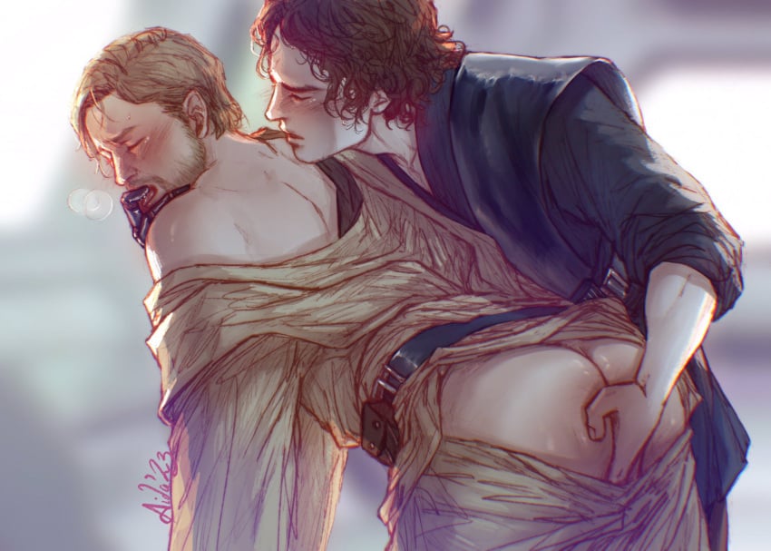 2boys anakin_skywalker ass ass_grab beard belt blonde_hair blush brown_hair closed_eyes facial_hair gay highres homosexual lehanan-aida multiple_boys obi-wan_kenobi saliva star_wars star_wars:_revenge_of_the_sith