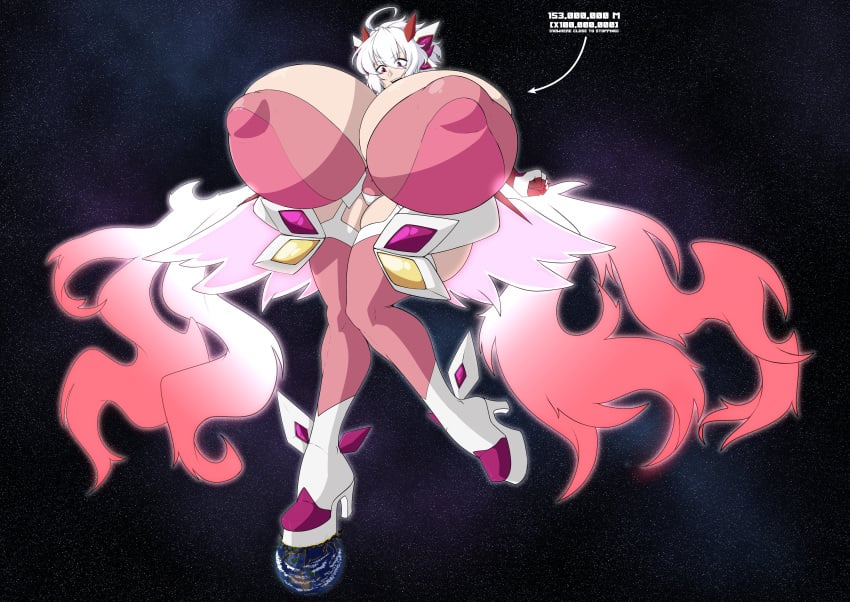 1girls ahoge bursting_breasts earth female_only giantess glowing goddess gradient_hair headgear heels massive_breasts measurements nipple_bulge red_eyes red_hair rust_and_bolts senki_zesshou_symphogear solo solo_female space stepping white_hair yukine_chris