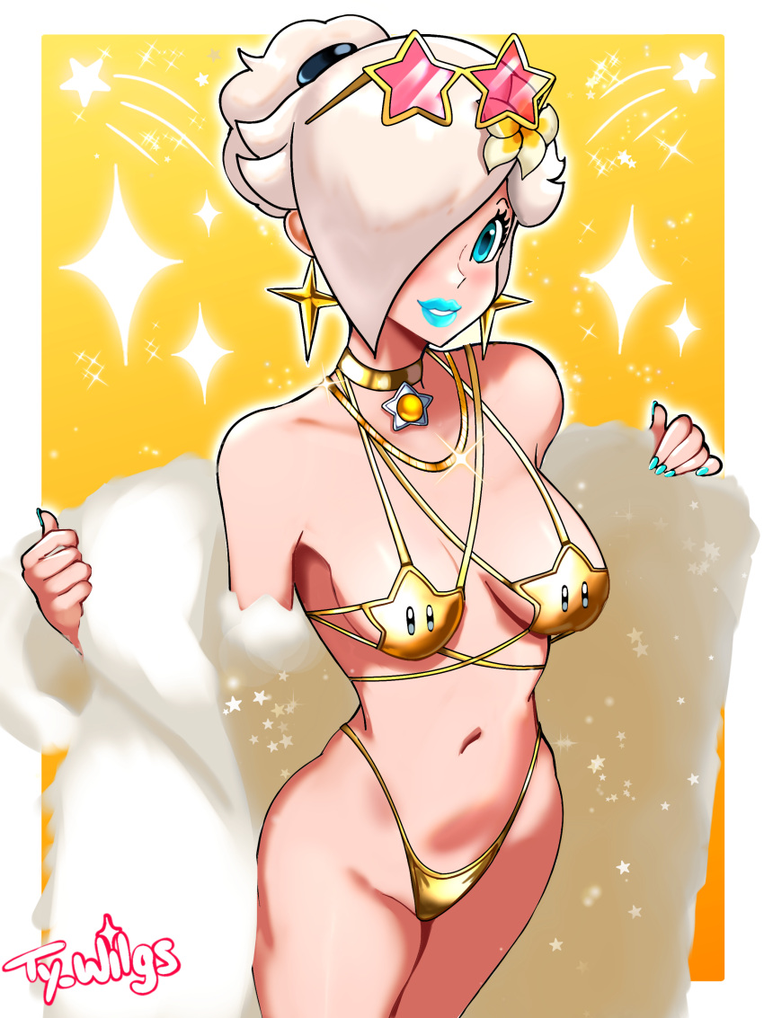 1girls blonde_hair blue_eyes blue_lipstick blue_nail_polish choker coat flower_in_hair gold_bikini hair_bun looking_at_viewer mario_(series) medium_breasts necklace platinum_blonde_hair princess_rosalina sunglasses_on_head ty_wilgs undressing