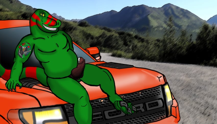 1boy alaska car digital dinosaur green_skin male male_only penis precum presenting raptor scalie smirk solo tattoo theropod truck