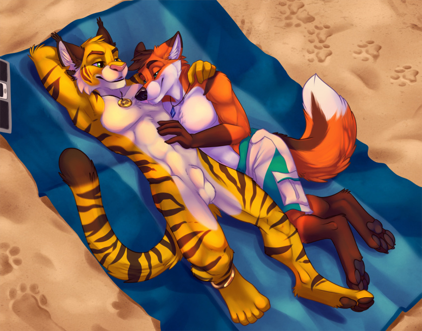 4_toes abs anthro arm_behind_head balls beach canine chibi-marrow claws color cuddling day digitigrade duo feline fox fur furry hindpaw hybrid konu letigre lying lynx male multiple_males necklace nude on_back outdoors pawpads paws seaside sheath soles tiger toes topless yaoi