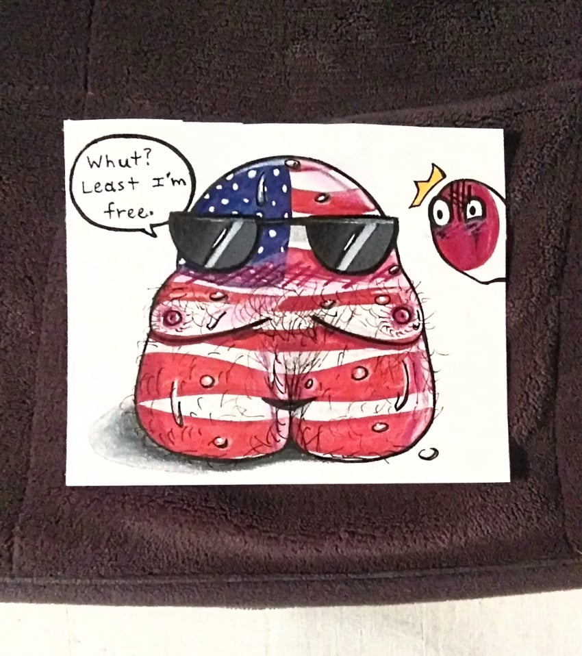 2022 breasts countryballs countryhumans english_text eyewear fat glasses hairy humor japan_(countryhumans) send_the_orbital_cannon shocked_expression sunglasses sweat text text_bubble traditional_media_(artwork) united_states_of_america united_states_of_america_(countryhumans) waspernestart why wtf