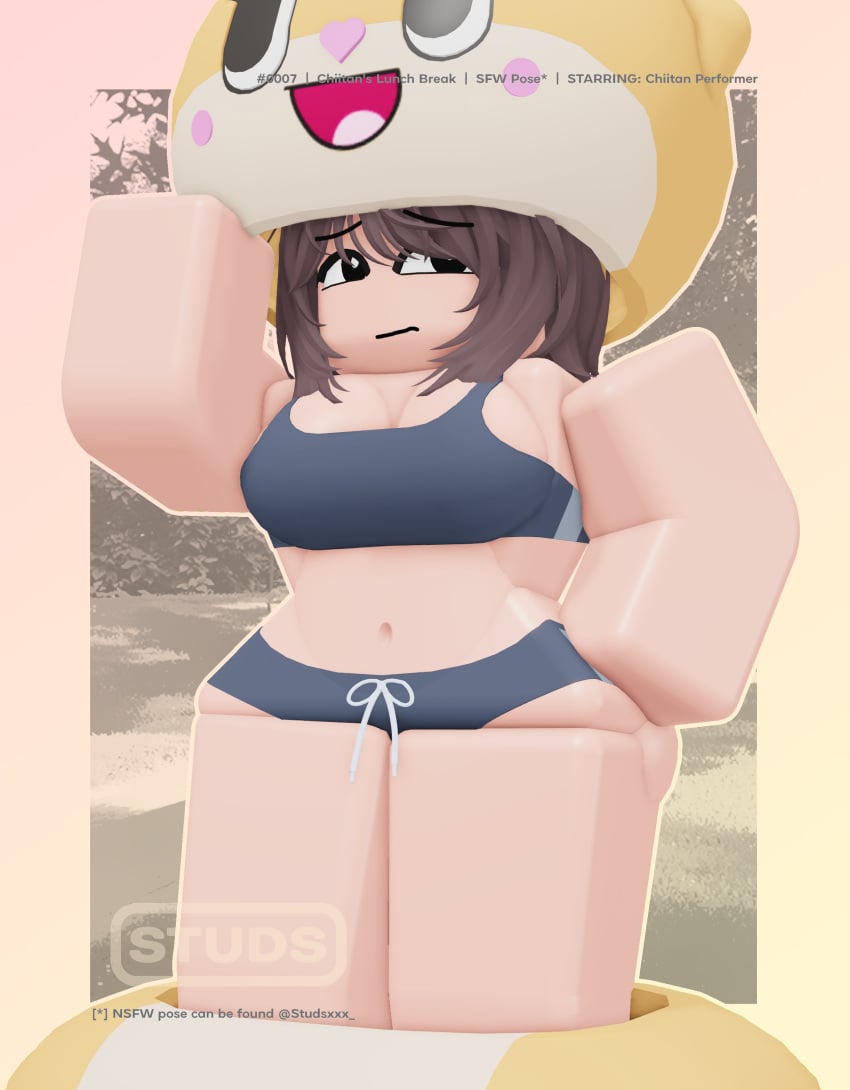 1girls 3d artist_name big_ass big_breasts big_thighs brown_hair brown_hair chiitan costume darby_lockhart eyeshadow female hd mascot nsfw original_character posing posing_for_the_viewer poster roblox robloxian smile sports_bra sportswear studsxxx sunflower sweat twitter_username watermark