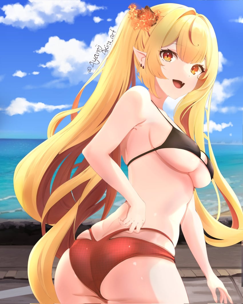 1girls 2d 2d_(artwork) alternate_costume ass ayano_akira back back_view bikini bikini_bottom bikini_top black_bikini_top blonde_hair clouds day ear_piercing eternals_(idol_corp) female female_focus female_only high_resolution highres idol_corp idol_es latam_virtual_youtuber light-skinned_female light_skin long_hair long_pigtails looking_at_viewer looking_back looking_back_at_viewer medium_breasts multi-strapped_bikini ocean orange_eyes outdoors pigtails pointy_ears red_bikini_bottom red_hair ruby_runeheart sky slim_girl solo solo_female solo_focus standing summer swimsuit thong thong_bikini two_piece_swimsuit two_tone_hair virtual_youtuber vtuber vtuberfanart young younger_female