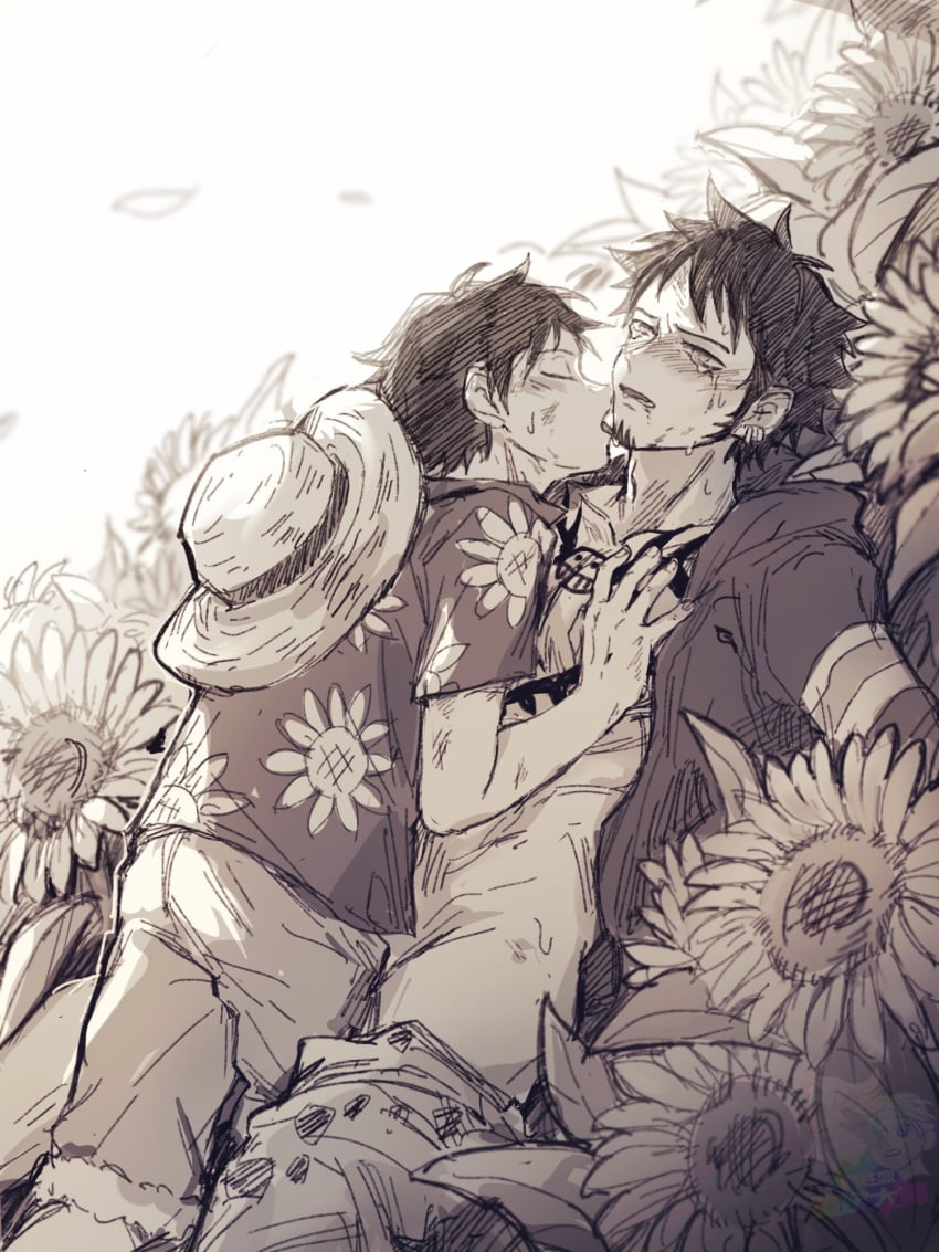 2boys blush chest_tattoo closed_eyes clothes_pull coat couple crying crying_with_eyes_open demorzel earrings facial_hair floral_print flower gay goatee hat imminent_penetration jewelry licking male male_focus male_only monkey_d_luffy multiple_boys one_piece pants pants_pull shirt short_hair shorts straw_hat sunflower sunflower_print sweat tattoo tears trafalgar_law yaoi