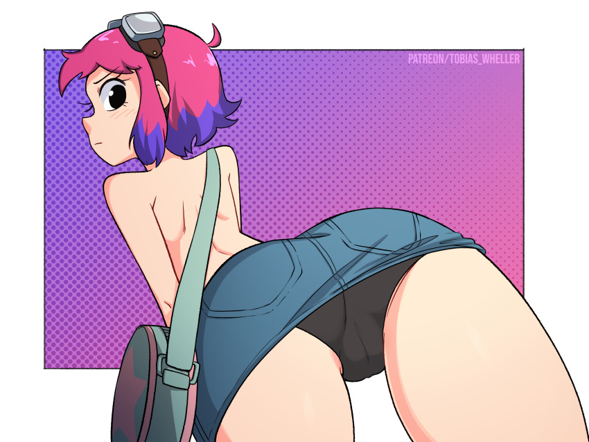 1girls ahoge alternate_version_available ass ass_focus back_view black_eyes blush denim denim_bottomwear denim_clothing female female_only goggles goggles_on_head handbag light-skinned_female light_skin looking_back multicolored_hair panties pink_hair purple_hair purse pussy pussy_visible_through_clothes pussy_visible_through_panties ramona_flowers scott_pilgrim short_hair skirt solo solo_female star tagme tobias_wheller topless two_tone_hair underwear upskirt