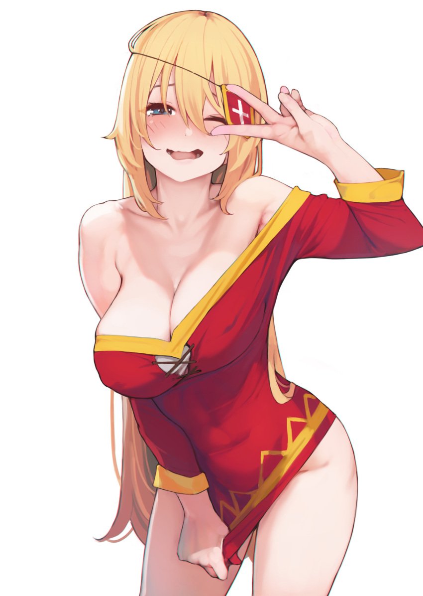 1girls abs ataruman bare_shoulders blonde_hair blush bottomless breasts cleavage collarbone cosplay cute darkness_(konosuba) eyepatch_removed green_eyes kono_subarashii_sekai_ni_shukufuku_wo! large_breasts legs megumin_(cosplay) peace_sign shirt_pull