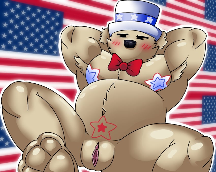 1cuntboy 4th_of_july alex_bearfan_2 american american_flag bara bear_(game) bow buff cuntboy fluffy hat pussy sam_(bear) sam_(game) solo stain tattoo uncle_sam_(bear) vagina