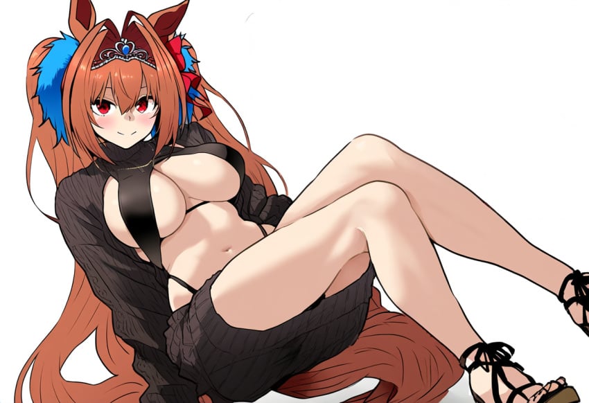 ai_generated animal_ears black_clothing breasts daiwa_scarlet_(umamusume) female hips horse_girl pussy red_eyes ribbon_in_hair tiara twintails umamusume umamusume_pretty_derby