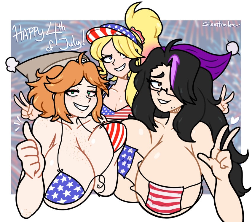 3girls american_flag american_flag_bikini big_breasts black_hair blonde_hair blush boob_squish breasts breasts_squeezed_together brown_eyes cassandra_(silenttandem) double_peace_sign dyed_hair fireworks flat_chest fourth_of_july freckles freckles_on_breasts freckles_on_face freckles_on_shoulders glasses goth goth_girl green_eyes hat hotori_(silenttandem) huge_breasts kayla_(silenttandem) long_hair looking_at_viewer orange_hair patriotic_clothing peace_sign piercings red_hair scrunchie short_hair silenttandem small_breasts smiling smiling_at_viewer thumbs_up usa_bikini visor visor_cap