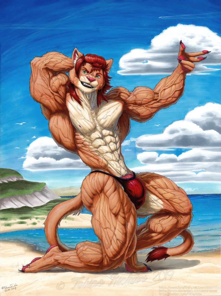 2019 5_fingers abs anthro beach biceps big_bulge big_chest big_muscles black_claws black_lips broad_shoulders bulge butt_muscles calf_muscles claws clothed clothing cloud crotch_tuft crouching day deltoids detailed_background detailed_bulge djdarkfox feet felid finger_claws fingers forearm_muscles fur genital_outline genitals green_eyes hair hand_behind_head hi_res huge_arms huge_legs huge_muscles humanoid_feet hyper hyper_muscles kneeling lion lips looking_at_viewer looking_into_your_soul low-angle_view male mammal mane mane_hair muscular obliques outside pantherine pawpads pecs penis penis_outline pink_penis plantigrade pose quads rape_face red_body red_fur red_hair red_nose red_pawpads sand sea serratus shaded signature sky smile solo speedo speedo_only striated_muscles swimwear tail tail_tuft tan_body tan_fur teeth tight_clothing toe_claws toes toothy_smile topless traditional_media_(artwork) triceps tuft vascular vein veiny_abs veiny_arms veiny_legs veiny_muscles veiny_pecs veiny_torso water watermark