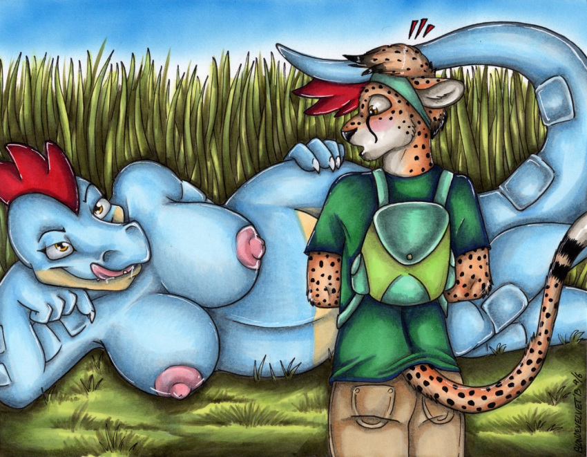 2013 anthro anthro_only blondevelvet18 breasts color day duo female feraligatr nintendo outdoors pokemon size_difference video_games vore