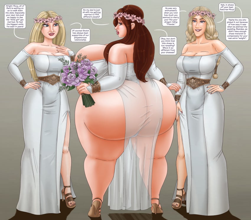 3girls astrid_hofferson back_view bimbo bimbo_body bimbo_lips bimbofication blonde_hair blue_eyes bouquet breasts_bigger_than_head brown_hair curvaceous curvy curvy_female curvy_figure dialogue dreamworks female female_only flower flower_crown hiccup_horrendous_haddock_iii how_to_train_your_dragon huge_ass huge_breasts large_breasts massive_ass mtf_crossgender rear_view ruffnut_thorston rule_63 saturnxart speech_bubble thick_thighs translucent_clothing transparent_clothing wedding_dress wide_hips